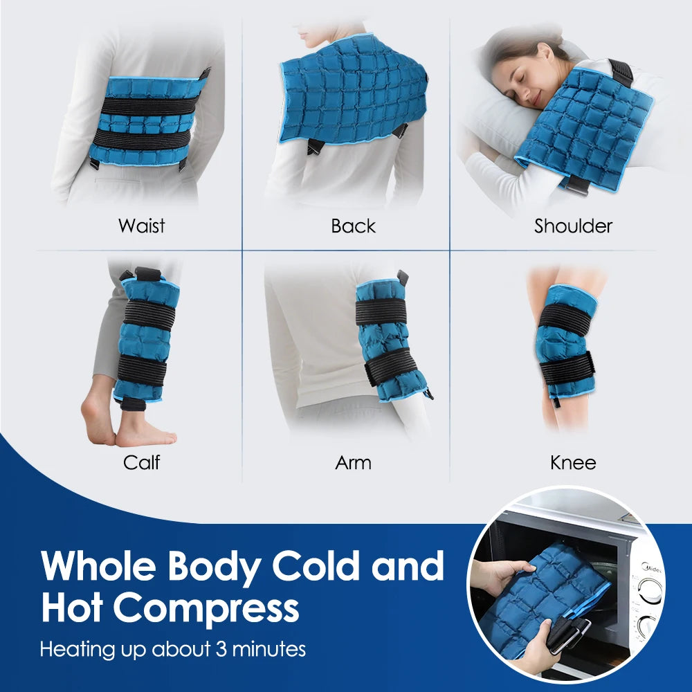 Blue cold and hot compresses used on various parts of the body with text indicating use on waist, back, shoulder, calf, arm, and knee.