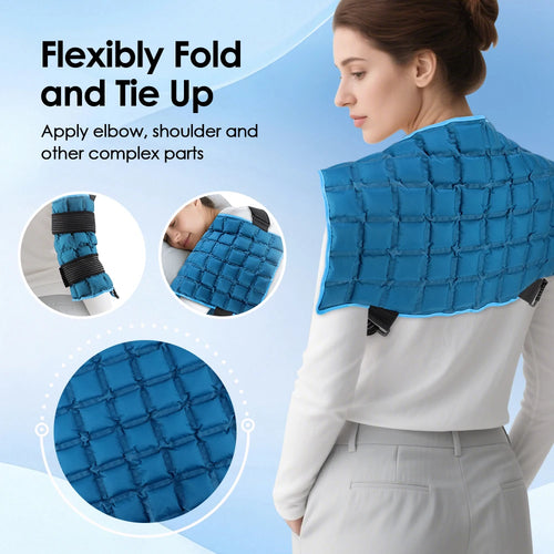 Woman wearing a blue compression garment with text and insets showing its flexibility.