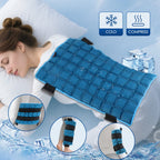 Woman using a blue ice pack on her shoulder with cold and compress icons, surrounded by ice cubes.