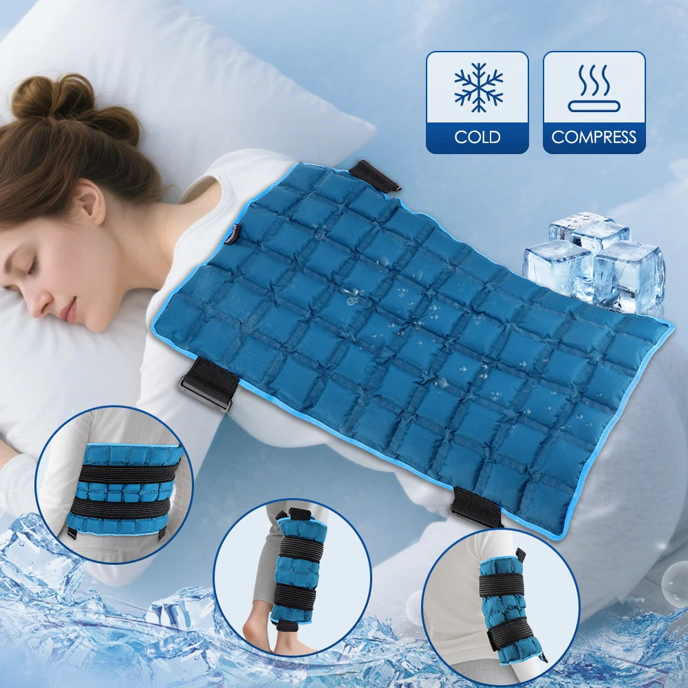 Woman using a blue ice pack on her shoulder with cold and compress icons, surrounded by ice cubes.