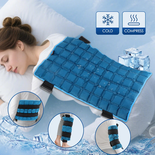 Woman using a blue ice pack on her shoulder with cold and compress icons, surrounded by ice cubes.